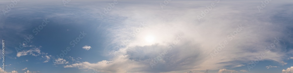 Blue sunset sky panorama with puffy Cumulus clouds. Seamless hdr pano in spherical equirectangular format. Complete zenith for 3D visualization, game and sky replacement for aerial drone 360 panoramas