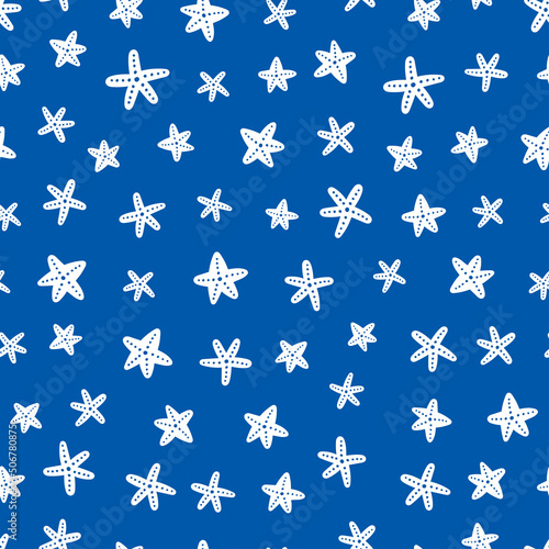 White starfish seamless pattern with blue background.