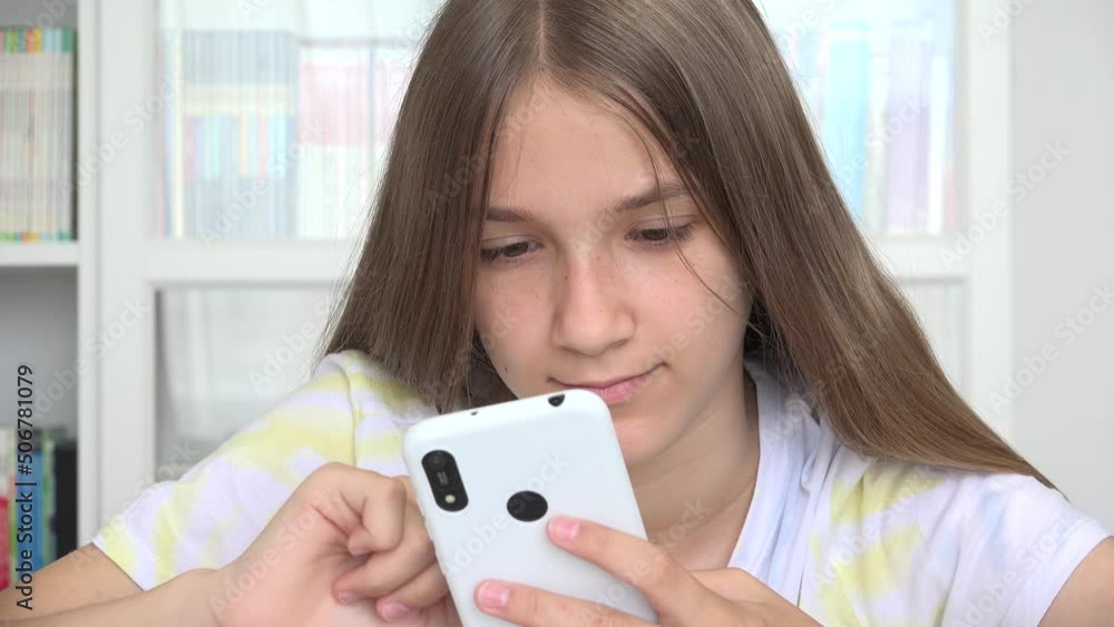 Child Playing Smartphone, Kid Browsing Internet on Phone, Teenager Girl Reading Messages, Searching Online Shopping Smart Devices Child Playing Smartphone, Kid Browsing Internet on Phone, Teenager Girl Reading Messages, Searching Online Shopping Smart Devices