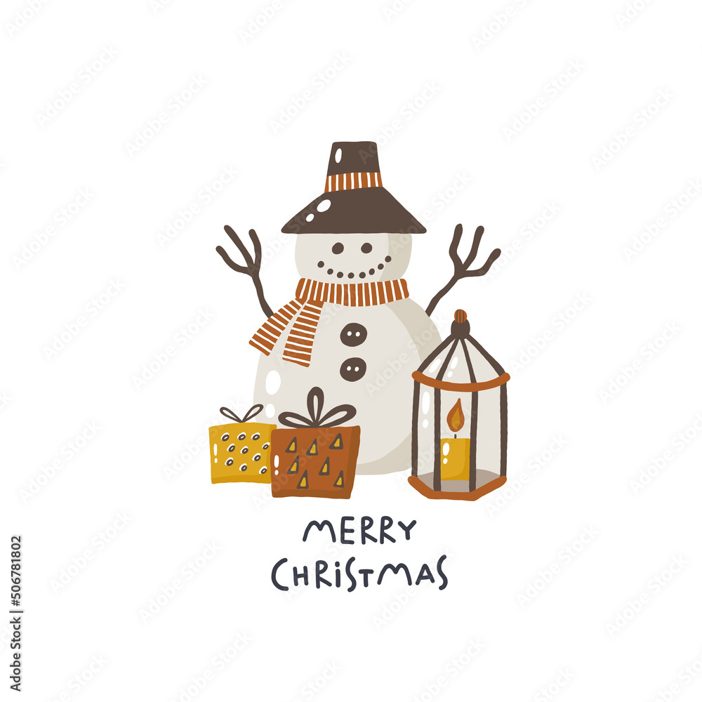 Merry christmas. Christmas card. Hand drawn illustration in cartoon style. Cute concept for xmas. Illustration for the design postcard, textiles, apparel, decor