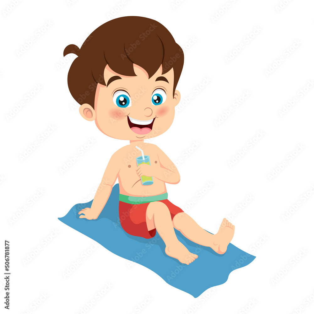 Cute little boy cartoon sunbathing on towel