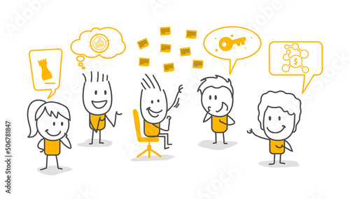 Stick figures. Startup diversity teamwork brainstorm planning meeting concept. Startup concept.