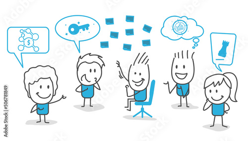 Stick figures. Startup diversity teamwork brainstorm planning meeting concept. Startup concept.
