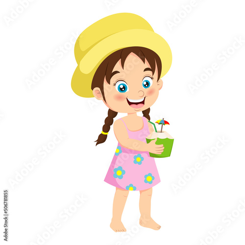 Cute little girl holding coconut water drink