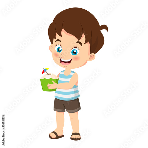 Cute little boy holding coconut water drink