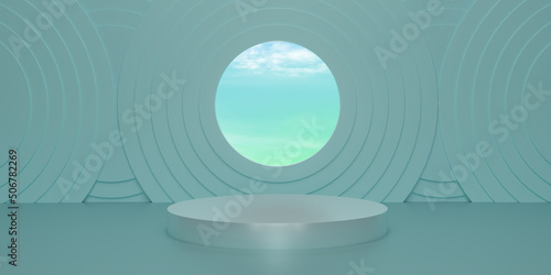 Fototapeta Naklejka Na Ścianę i Meble -  Shiny green round pedestal  with blue sky on studio  backdrops.  Green Blank display or clean room for showing product. Minimalist mockup for podium display or showcase. 3D rendering.