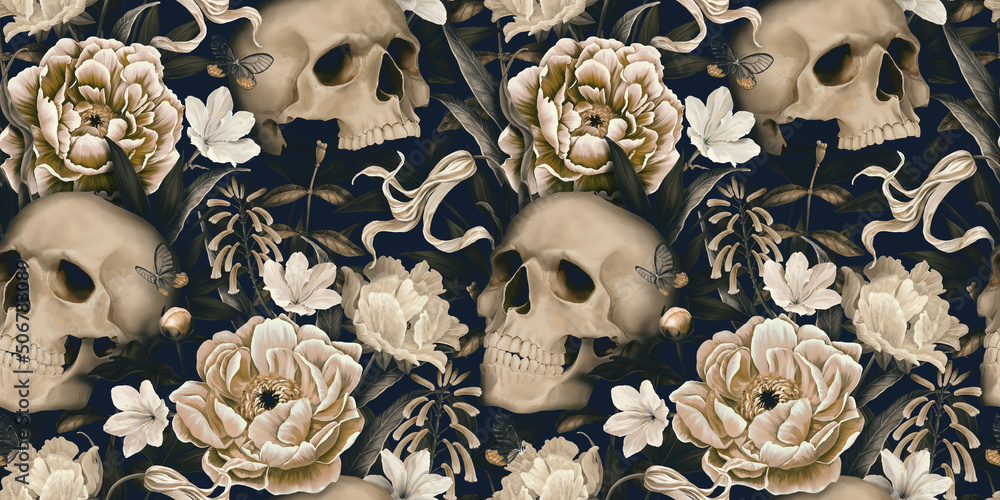 Vintage floral seamless wallpaper with skulls, peonies, butterflies. Dark  botanical background. Repeating pattern for design of fabric, paper,  wallpaper, canvas. Hand drawn 3d illustration Stock Illustration | Adobe  Stock
