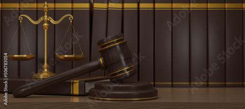 3D render wooden judge gavel and golden balance scale on wood table with books as background. Judge hammer icon law gavel. Auction court hammer bid authority symbol, concept. 3d rendering.