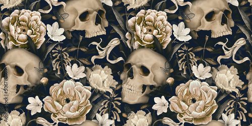 Fototapeta Vintage floral seamless wallpaper with skulls, peonies, butterflies
