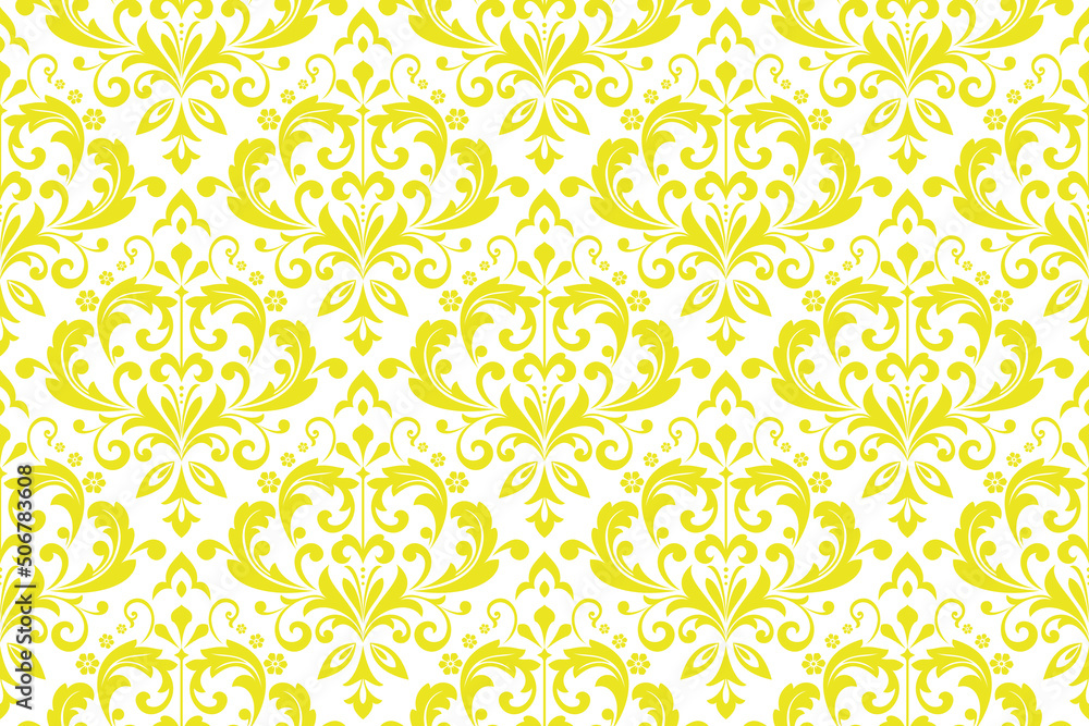 Wallpaper in the style of Baroque. Seamless vector background. White and yellow floral ornament. Graphic pattern for fabric, wallpaper, packaging. Ornate Damask flower ornament