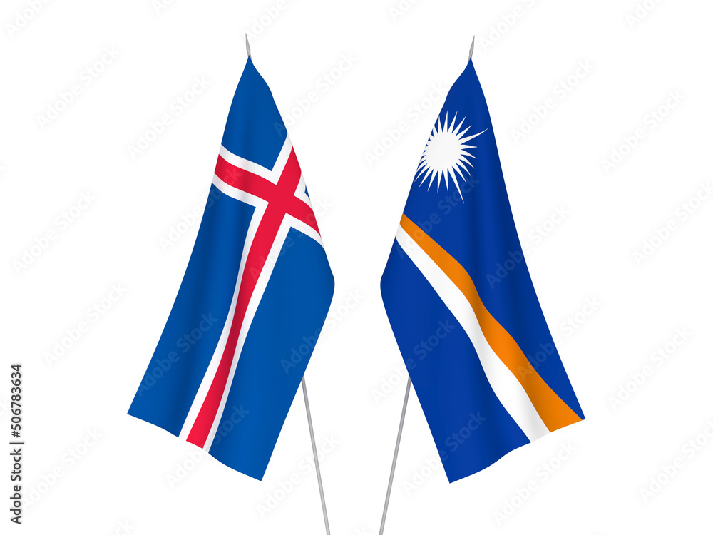 National fabric flags of Iceland and Republic of the Marshall Islands isolated on white background. 3d rendering illustration.