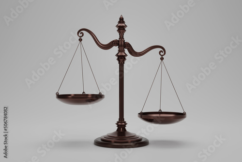 3D render dark brass balance scale isolated on white background. Tilted scales. Scales of injustice, Symbol of law and injustice concept. 3d rendering illustration.