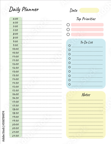 Daily planner printable template Vector. Blank white notebook page Letter format. Business organizer schedule page for a day for effective planning. Paper sheet. Schedule template. Vector design