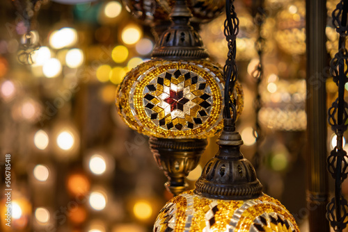 Turkish yellow lighted lamps with specific glass ornament