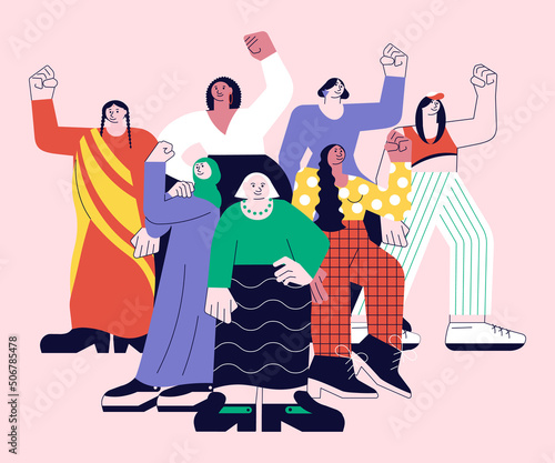 Diverse international, interracial and multi age group of women fight for empowerment