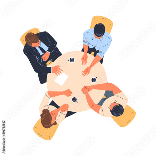Teamwork with Office Worker Brainstorming at Round Table Discussing Project Above View Vector Illustration