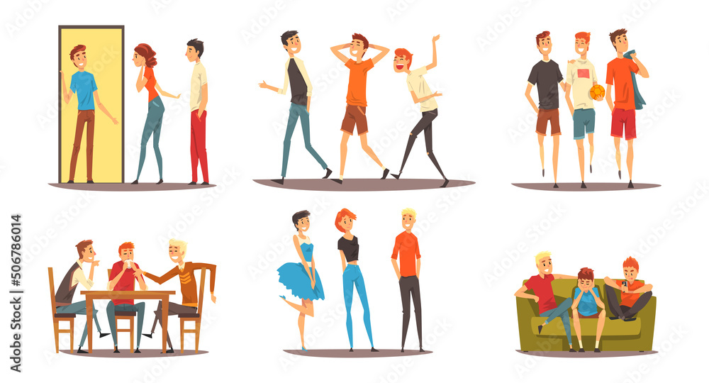 Teen Boy and Girl Company Gathering Together Spending Time Vector Set Teen Boy and Girl Company Gathering Together Spending Time Vector Set