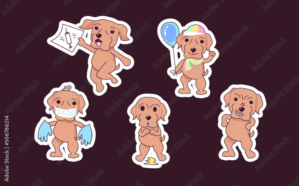 Fototapeta premium Funny puppy daily dog routine stickers set.