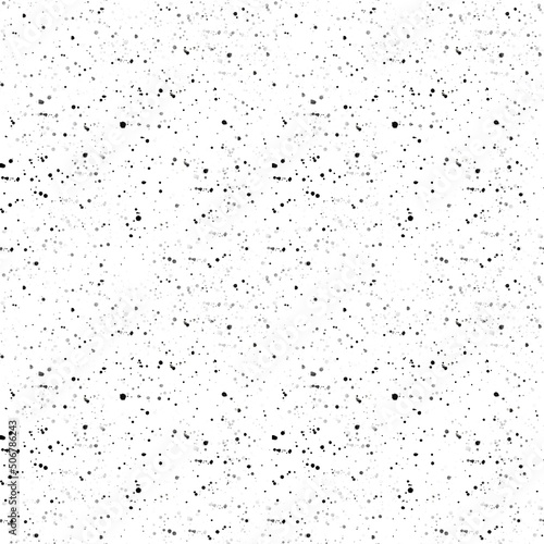 Handmade black splatter on white background. Seamless repeat pattern. Watercolor paint spatter  spots  dots  splashing in different sizes. Backdrop for overlay or montage.