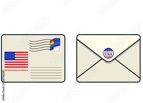 Postal envelope. Postage stamp with lgbt flag. Made in the usa.