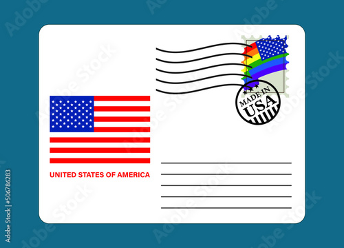 Postal envelope. Postage stamp with lgbt flag. Made in the usa.