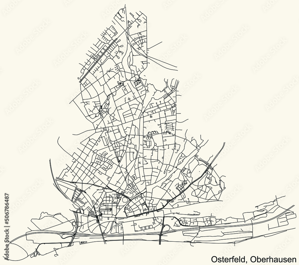 Naklejka premium Detailed navigation black lines urban street roads map of the OSTERFELD BOROUGH of the German regional capital city of Oberhausen, Germany on vintage beige background