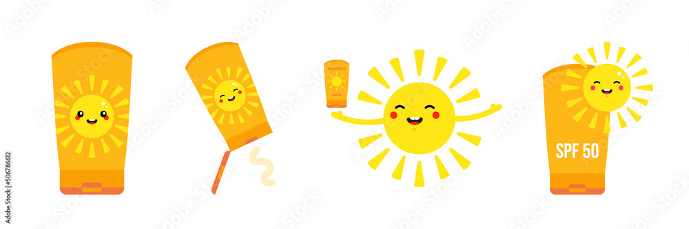 Set, collection of sunscreen tubes and cute sun characters. Sun protection during summer time vector icons, illustration. Set, collection of sunscreen tubes and cute sun characters. Sun protection during summer time vector icons, illustration.