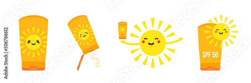 Set, collection of sunscreen tubes and cute sun characters. Sun protection during summer time vector icons, illustration.