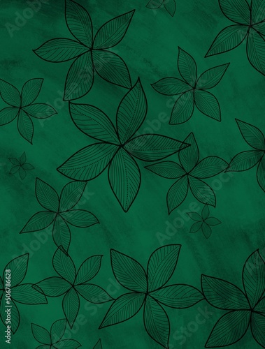 Vertical illustration  black lace flowers on grungy textured green background