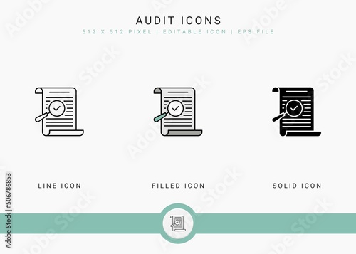 Audit icons set vector illustration with solid icon line style. Financial overview control concept. Editable stroke icon on isolated background for web design, infographic and UI mobile app.