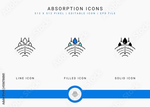 Absorption icons set vector illustration with solid icon line style. Skin moisture water concept. Editable stroke icon on isolated background for web design, user interface, and mobile application
