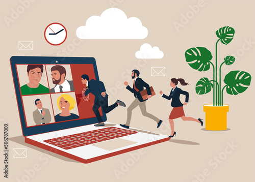 Businessman and his colleague virtually get into the computer laptop conference meeting. Hybrid work, remotely work from home virtually or work in office onsite, flexible for employee benefit concept.
