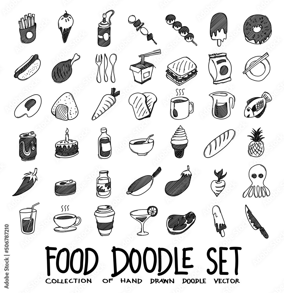 Food Doodle vector icon set. Drawing sketch illustration hand drawn line eps10