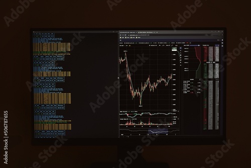 Economic indicators and charts with ticker and graph on the background. Concept of financial risk management and forex rate. Suitable for business idea or investment design. Abstract financial graph.