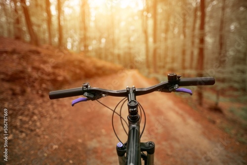 First person view of handling the bicycle on the empty forest road towards sunlight. Outdoor bike riding during sunny summer evening