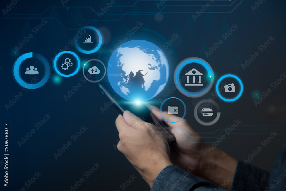 Fototapeta premium Businessman using smart phone to do online transactions with internet technology, concept of global data connection by internet technology, big data, searching for information, online marketing