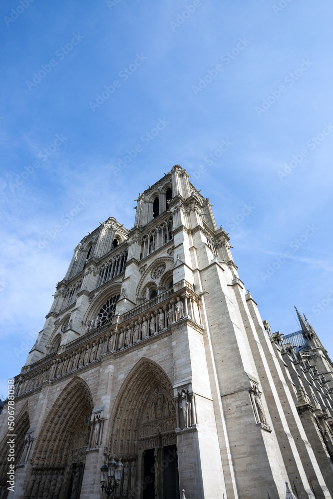 Entrance of Notre Dame Cathedral in Paris France