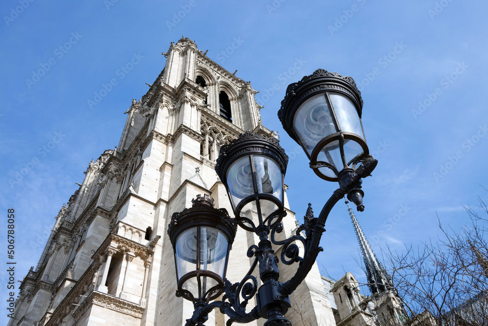 Lamp Posts of Notre Dame Cathedral in Paris France