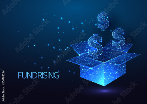 Futuristic fundraising, crowd funding concept with glowing low polygonal open box and dollar symbol