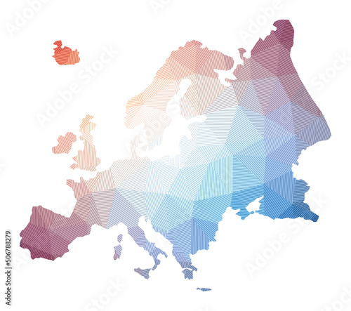 Map of Europe. Low poly illustration of the continent. Geometric design with stripes. Technology, internet, network concept. Vector illustration.