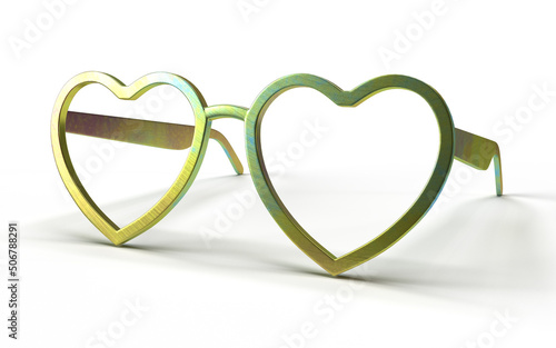 Isolated Heart Shape Glasses or Gold Metallic Goggles on White Background, 3D Render Illustration.