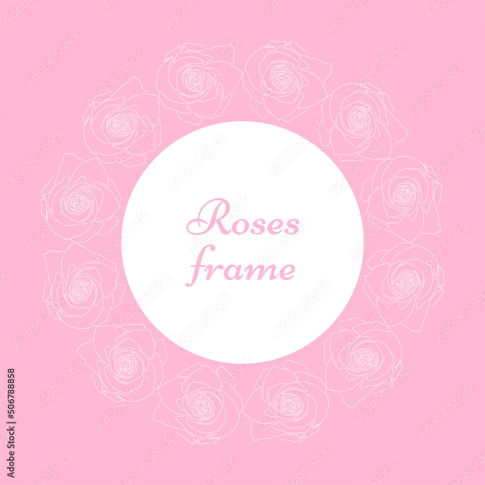 Circle frame with hand drawn line sketch roses flowers for wedding invitation card, simple abstract floral round frame tender design vector illustration