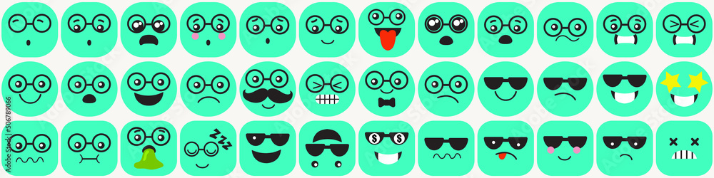 Glasses Emoji faces icons vector design bad and good review happy and sad reaction Glasses Emoji faces icons vector design bad and good review happy and sad reaction