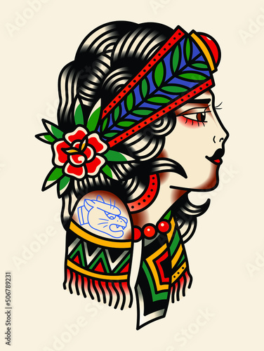 Girl old school. Sketch for traditional and old school tattoos
