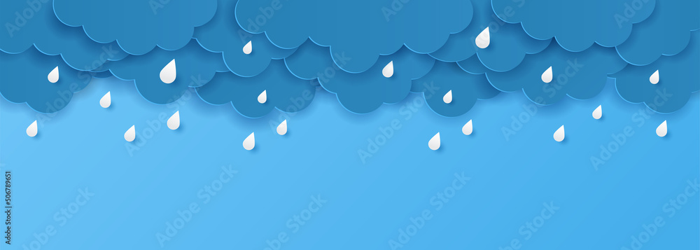 Paper cut with monsoon season banner. Clouds and drops rain on blue background. Vector illustration - obrazy, fototapety, plakaty 
