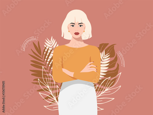 Beautiful blonde girl on tropical background in trendy colours. The illustration is in a realistic style