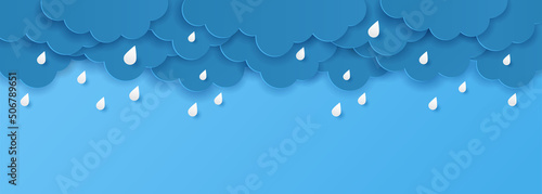 Paper cut with monsoon season banner. Clouds and drops rain on blue background. Vector illustration photo