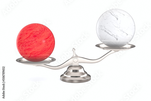 Scales with balls on white background. Isolated 3D illustration