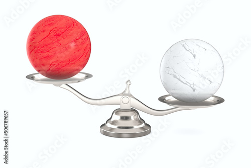 Scales with balls on white background. Isolated 3D illustration