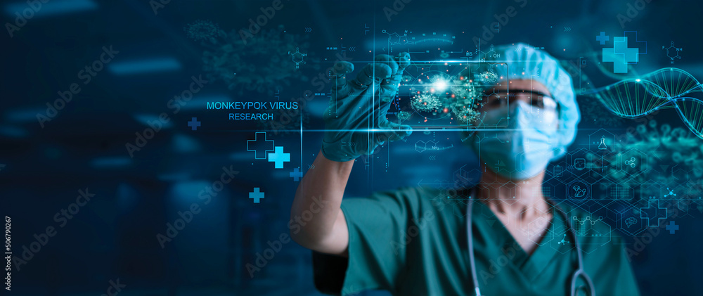 Medicine doctor research and analysis. Diagnose checking Monkeypox virus research and testing result with virtual screen in laboratory, Inhibition of disease outbreaks and Medical technology - obrazy, fototapety, plakaty 